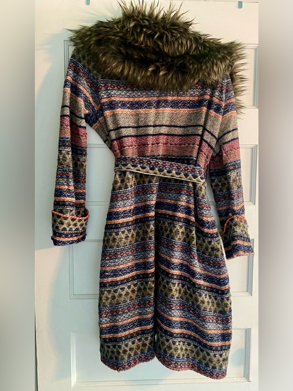 Anthropologie Angel of the North Faux Fur Collar Multi-Color Wrap Cardigan - Picture 4 of 4